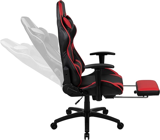 BizChair Gaming Desk and Red Footrest Reclining Gaming Chair Set - Cup Holder/Headphone Hook/Removable Mouse Pad Top/Wire Management