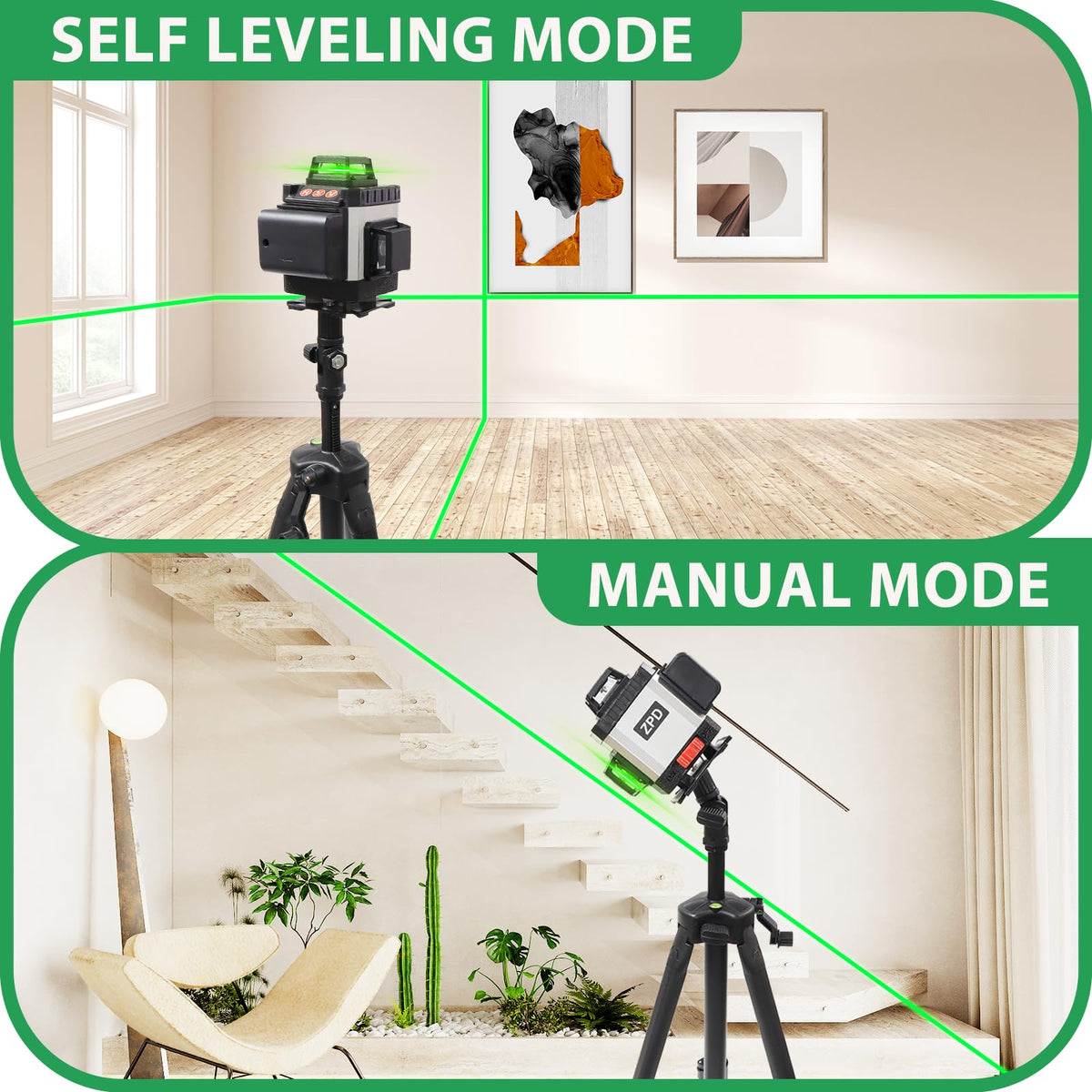 Laser Level, ZPD Laser Level with Tripod, 4 x 360 Self Leveling Laser Measuring Tool Green Lazer Level 16 Line Level Laser 360 Self Leveling