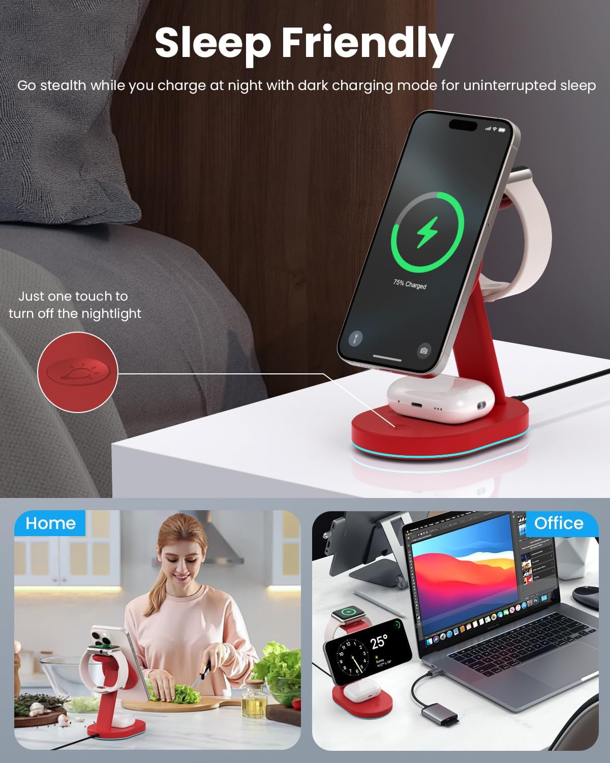 3 in 1 Wireless Charger Charging Station for iPhone,Qi2 Certified 15W Magnetic Charging Stand for Mag-Safe with 30W USB C Adapter&Friendly Night Light for iPhone 16/15/14/13/12,Apple Watch,AirPods