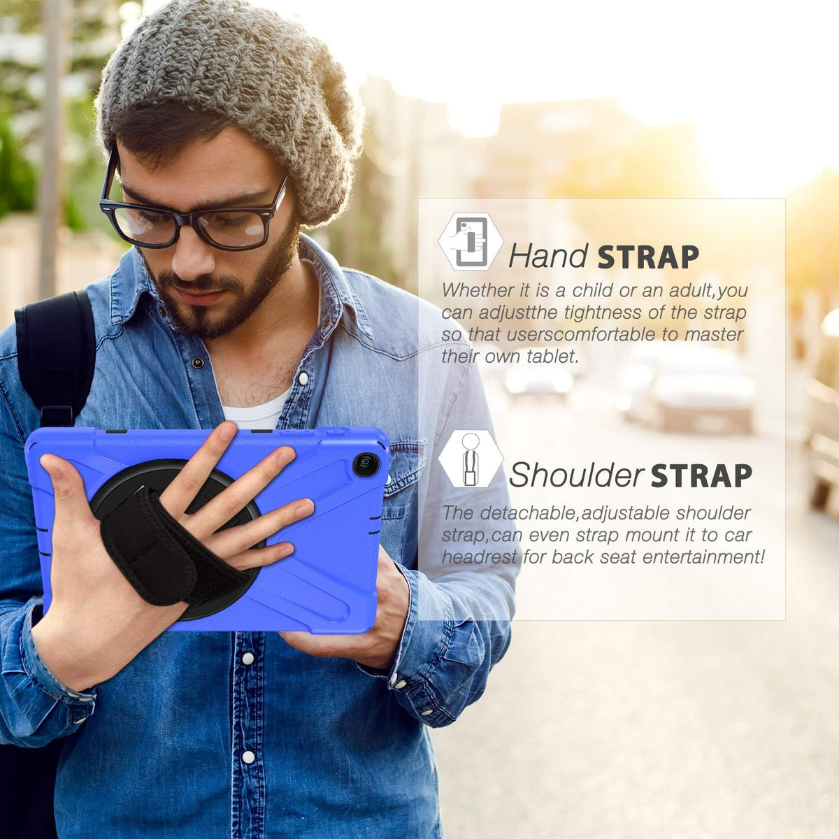 BRAECN for Galaxy Tab A 10.1 Case SM-T510/SM-T515,[Adjustable Hand Strap] [Rotating Stand] [Attachable Shoulder Strap] Heavy Duty Drop Protection Rugged Case for Samsung Tab A 10.1 Inch 2019 -Blue