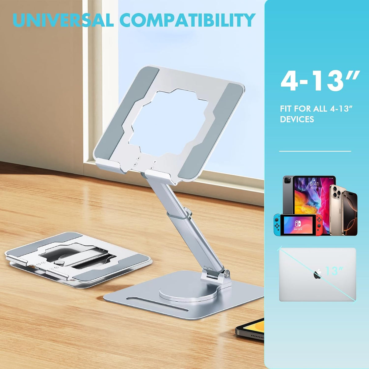 GuaziV 360° Adjustable Tablet Stand - Ergonomic Foldable Holder for iPad 10.2-12.9”, Kindle, Phones 4-13”, Anti-Slip Desktop Mount for Work, Cooking, Gaming & Reading