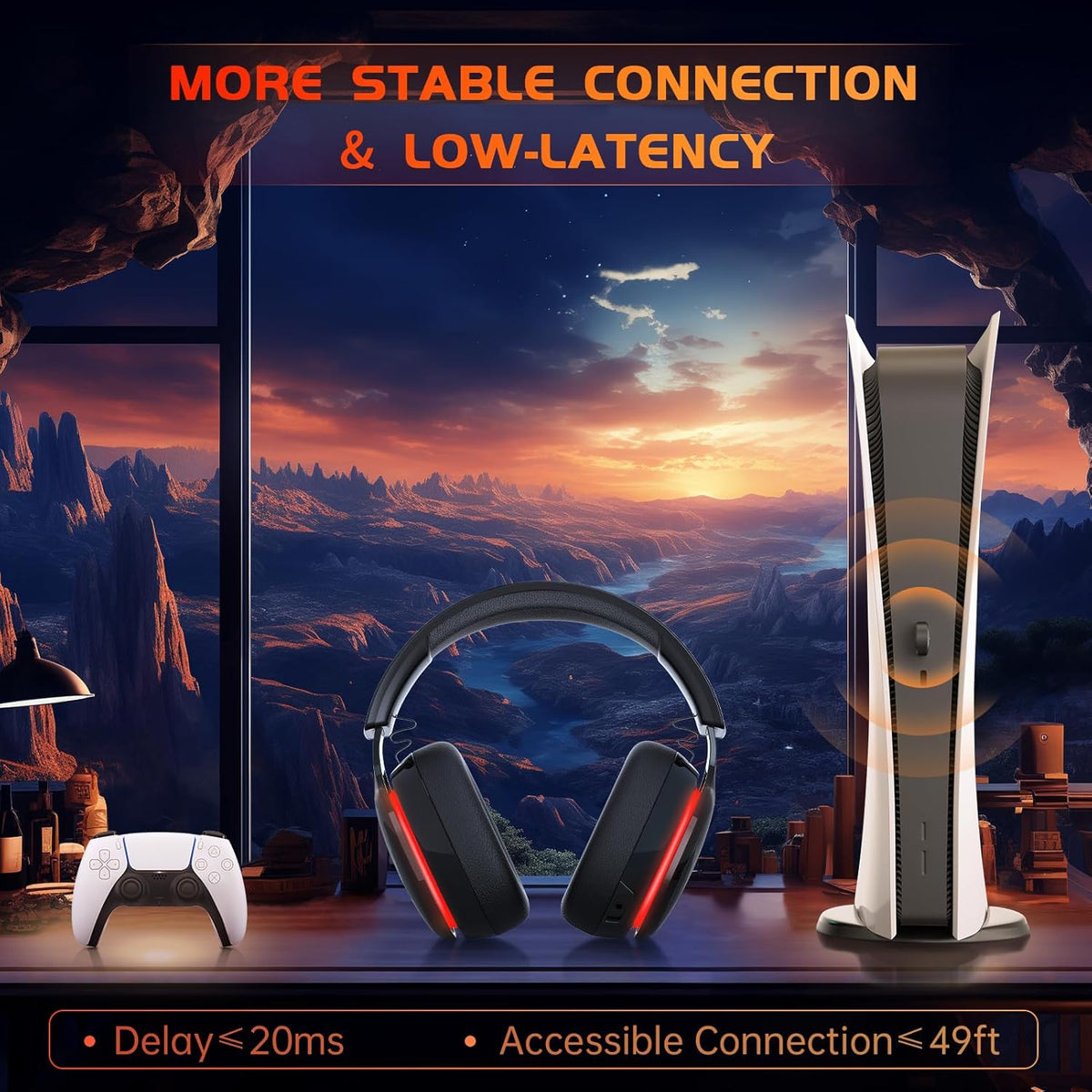 2.4GHz Wireless Gaming Headset for PS5, PS4 Fortnite & Call of Duty/FPS Gamers, PC, Nintendo Switch, Bluetooth 5.3 Gaming Headphones with Mic, Stereo Sound, Red Light -BlackRed