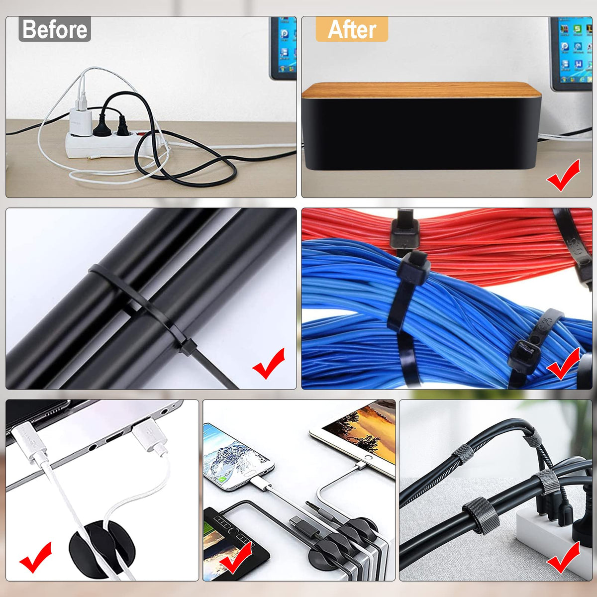 YUANYE Cable Management Box Cable Management Kit for Power Strip to Hide Wires,Cord Organizer Boxes,Safe ABS Material Wire Organizer of Cable Clips Sleeve for Home & Office,3Pack-128PCS /Black
