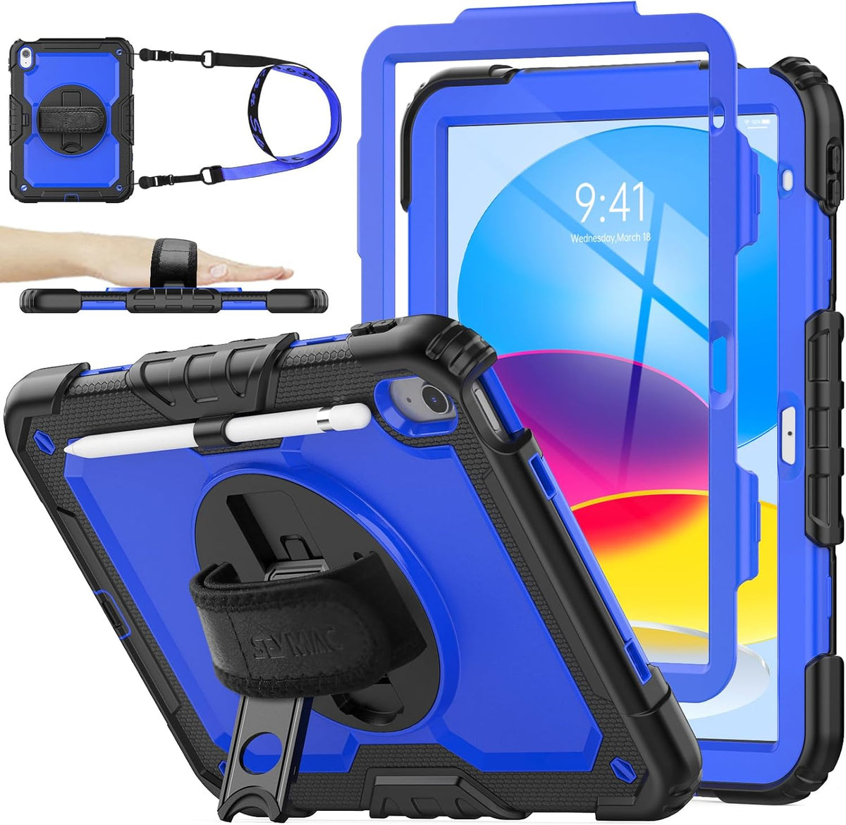 SEYMAC stock Case for iPad (A16) 11th/10th Generation 11''/10.9'' 2025/2022, Full-Body Drop Protection Case with Screen Protector &360° Rotate Hand Strap/Stand, Blue+Black