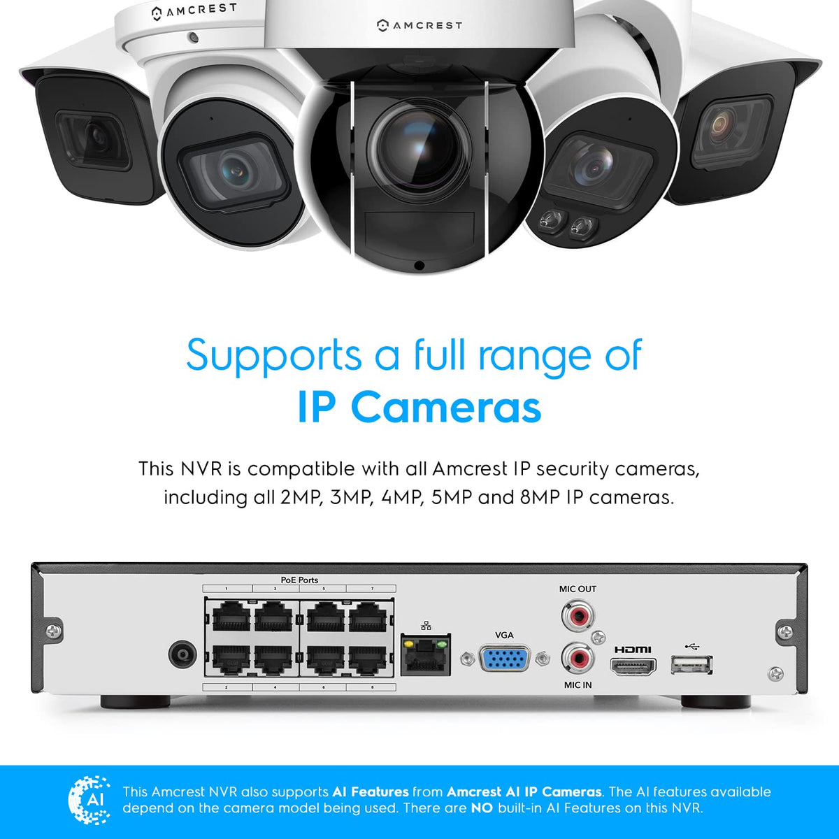 Amcrest 4K 16CH 8 Port PoE NVR (1080p/3MP/4MP/5MP/8MP) Network Video Recorder, 16CH (8-Port PoE) NVR - Supports up to 16 x 8-Megapixel IP Cameras