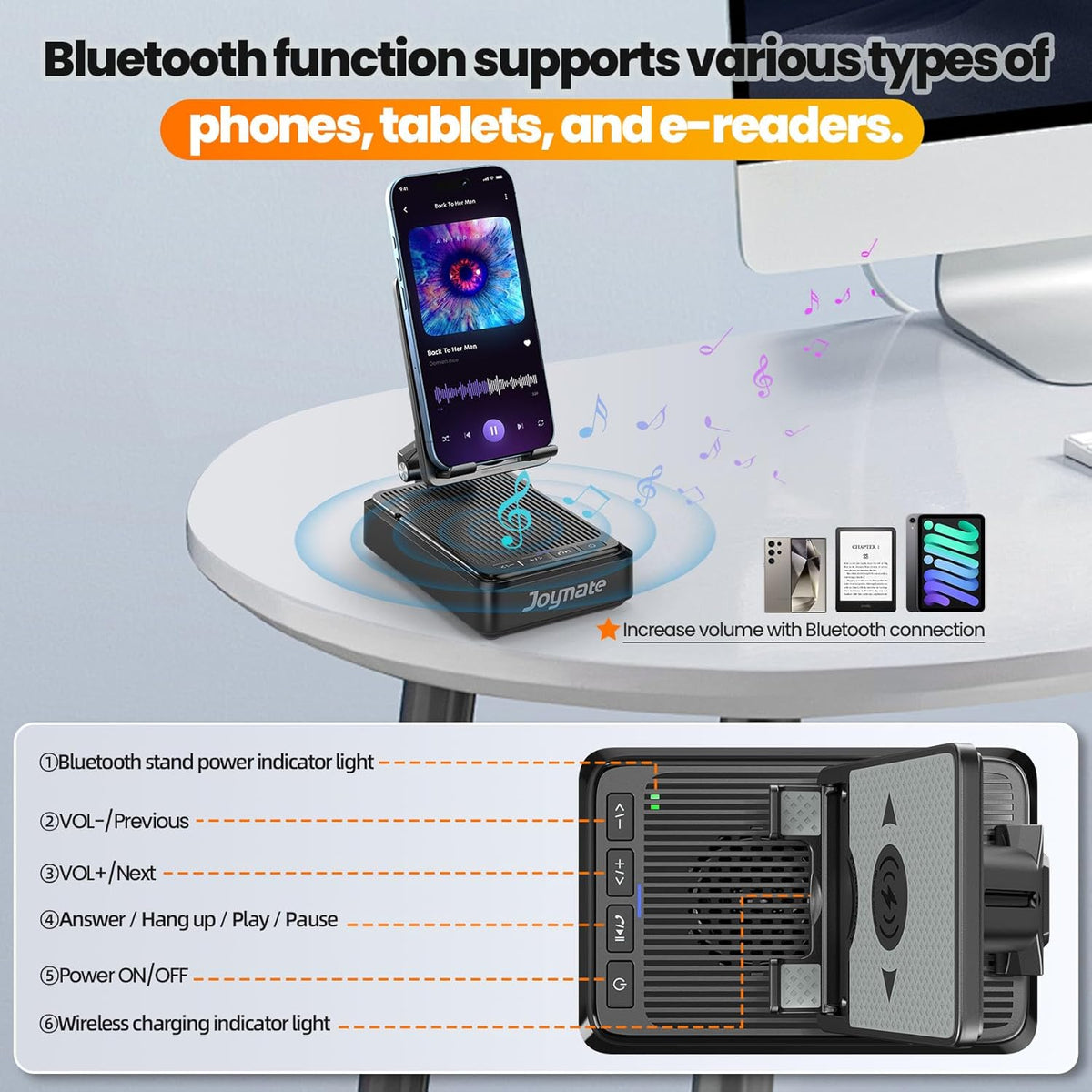 Gifts for Men and Women, Wireless Phone Charger Stand with Bluetooth Speaker and Adjustable Angle Phone Holder for Desk Tech Gift for Birthday/Anniversary (Black)