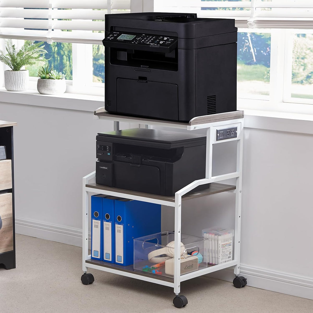 Lauren&Harold 34'' Printer Stand with Power Outlets & USB Ports, 3-Tier Adjustable Rolling Cart, Heavy Duty 150LBS Storage Table with Wheels for Office, Kitchen, Living Room, Grey/White