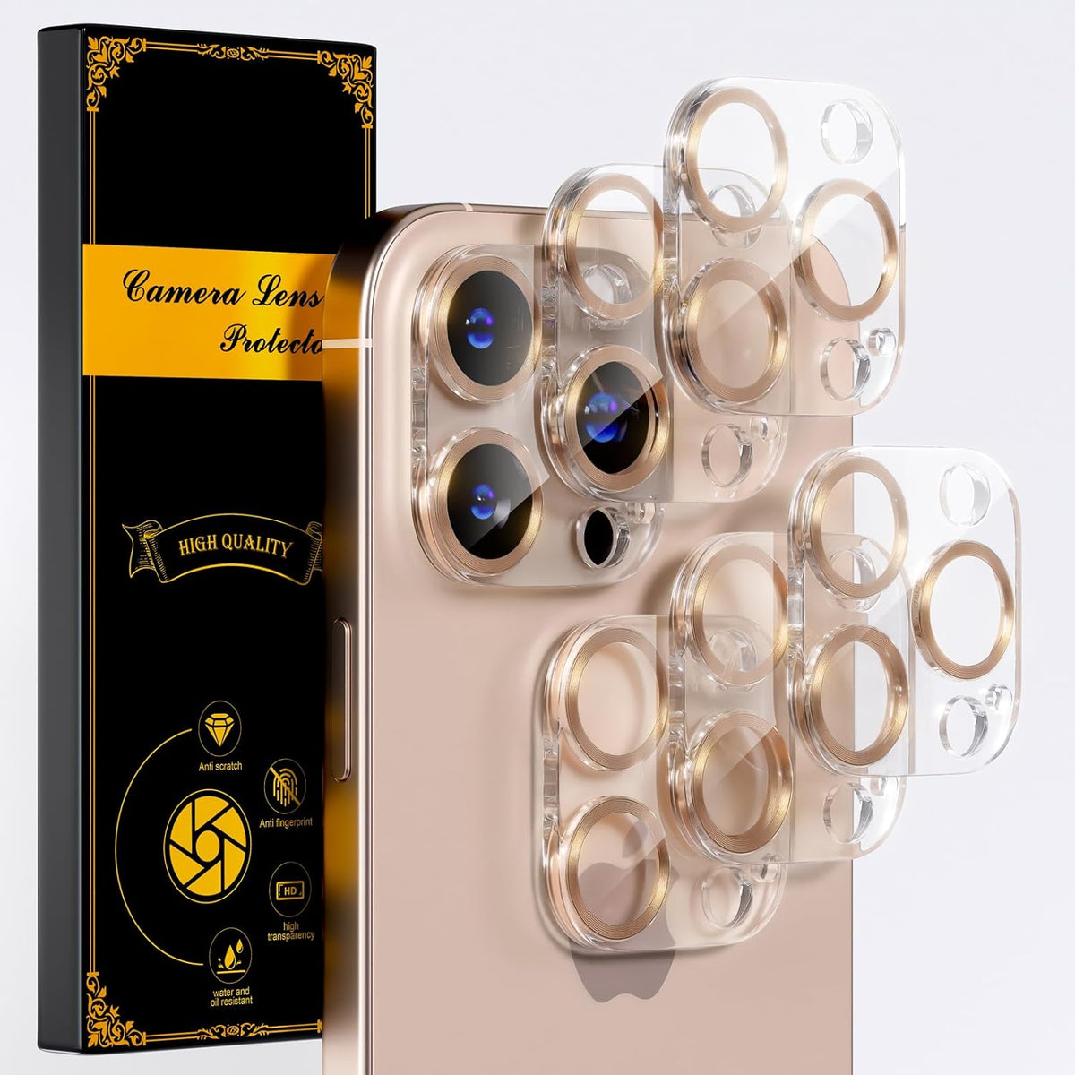 beuxece for 6 Pack iPhone 15 Pro/iPhone 15 Pro Max Camera Lens Protector [Drop Protection] [Case Friendly] [Easy Installation] 9H Tempered Glass Camera Screen Protector Cover, CD Gold