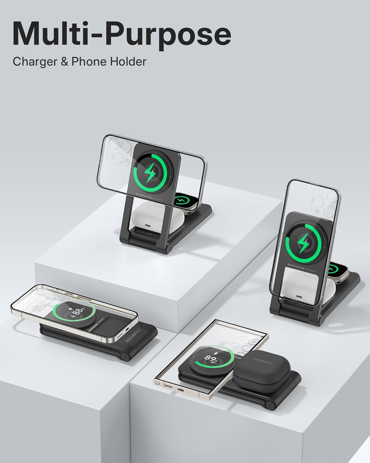 3 in 1 Charging Station for Apple Devices, Magnetic Wireless Charger Stand, 15W Foldable Travel Charging Dock for iPhone 16e 16 15 14 13 12 Pro Max Plus & Apple Watch & AirPods 4 3 2 Pro, Black