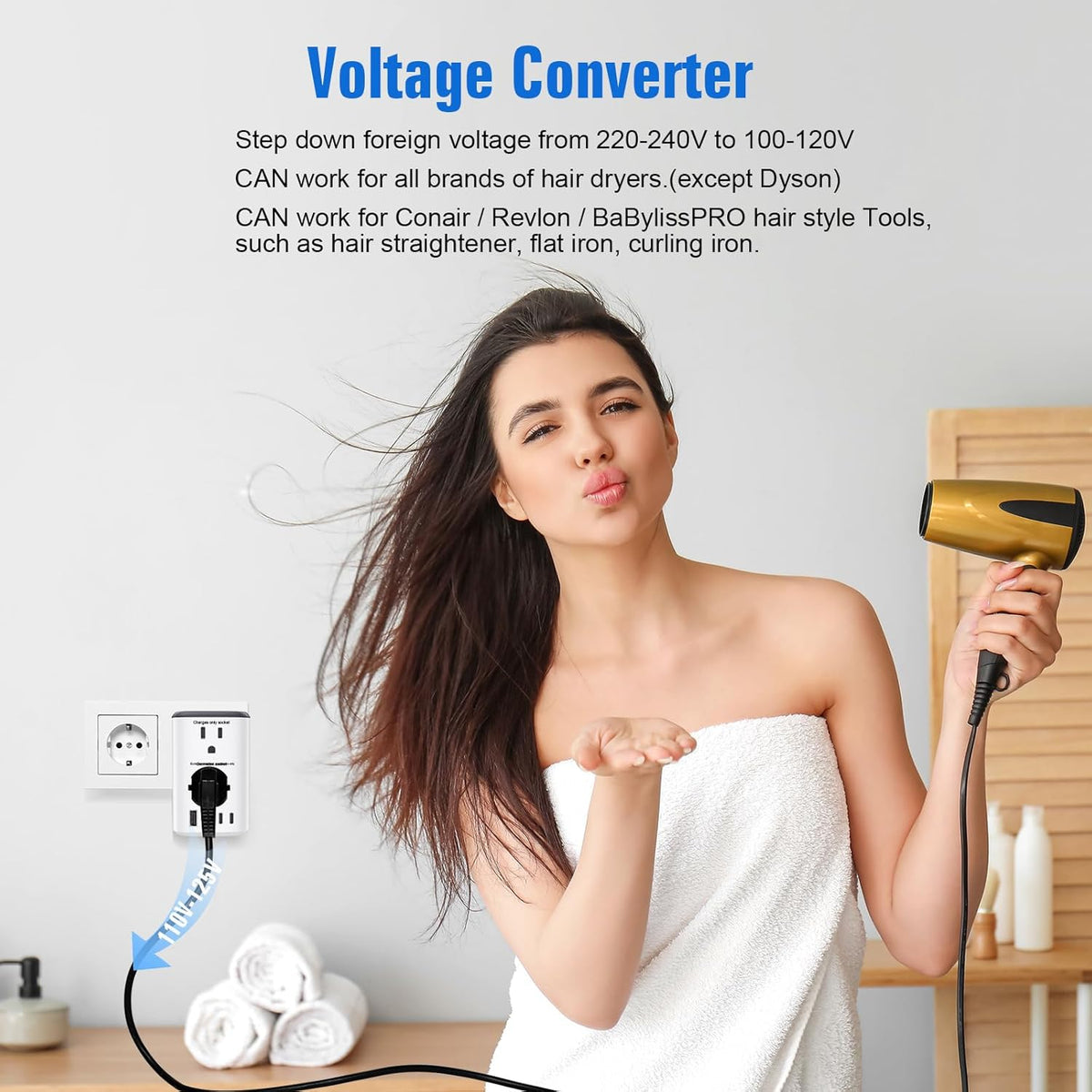 Voltage Converter Us to Europe, 220v to 110v Power Adapter, European Plug Power Converter 2500w, Transformer for Curly Hair Dryer, Travel Adapter Worldwide Step Down，