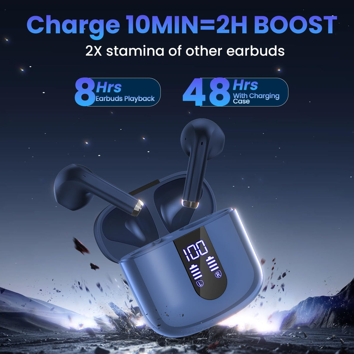 Wireless Earbuds, Bluetooth Headphones with Deep Bass Stereo, 48H Playback Ear Buds with LED Power Display Charging Case，Lightweight, IPX7, in-Ear Earphones with Mic for for Phone Tablet Laptop, Blue