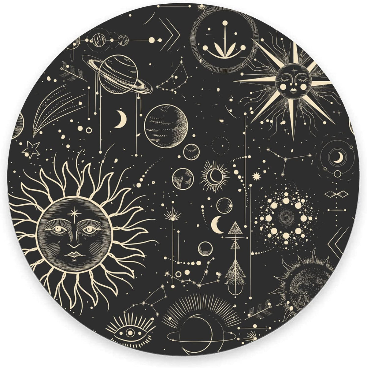 Round Mouse Pad, Celestial Pattern Sun and Moon Mouse Pad, Washable Gaming Mousepads with Lycra Cloth, Non-Slip Rubber Base Computer Small Mouse Pads for Wireless Mouse