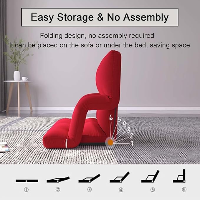 Adjustable 6-Position Floor ChairLazy Sofa Chair with Back SupportFolding Chaise Lounge Sofa Chair with ArmrestPadded Comfy Recliner Gaming Chairs for Living Room Bedroom (Grey)