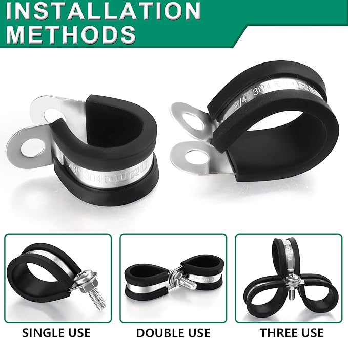 OURU 10pcs 2 Inch Stainless Steel Cable Clamps,Rubber Coated Cushioned Insulated Cable Clamp,Automotive Cable Wire Clamps,Pipe Clamps,Metal Clamp for Tube,Lines,Wire Cord Installation(Black,51mm)