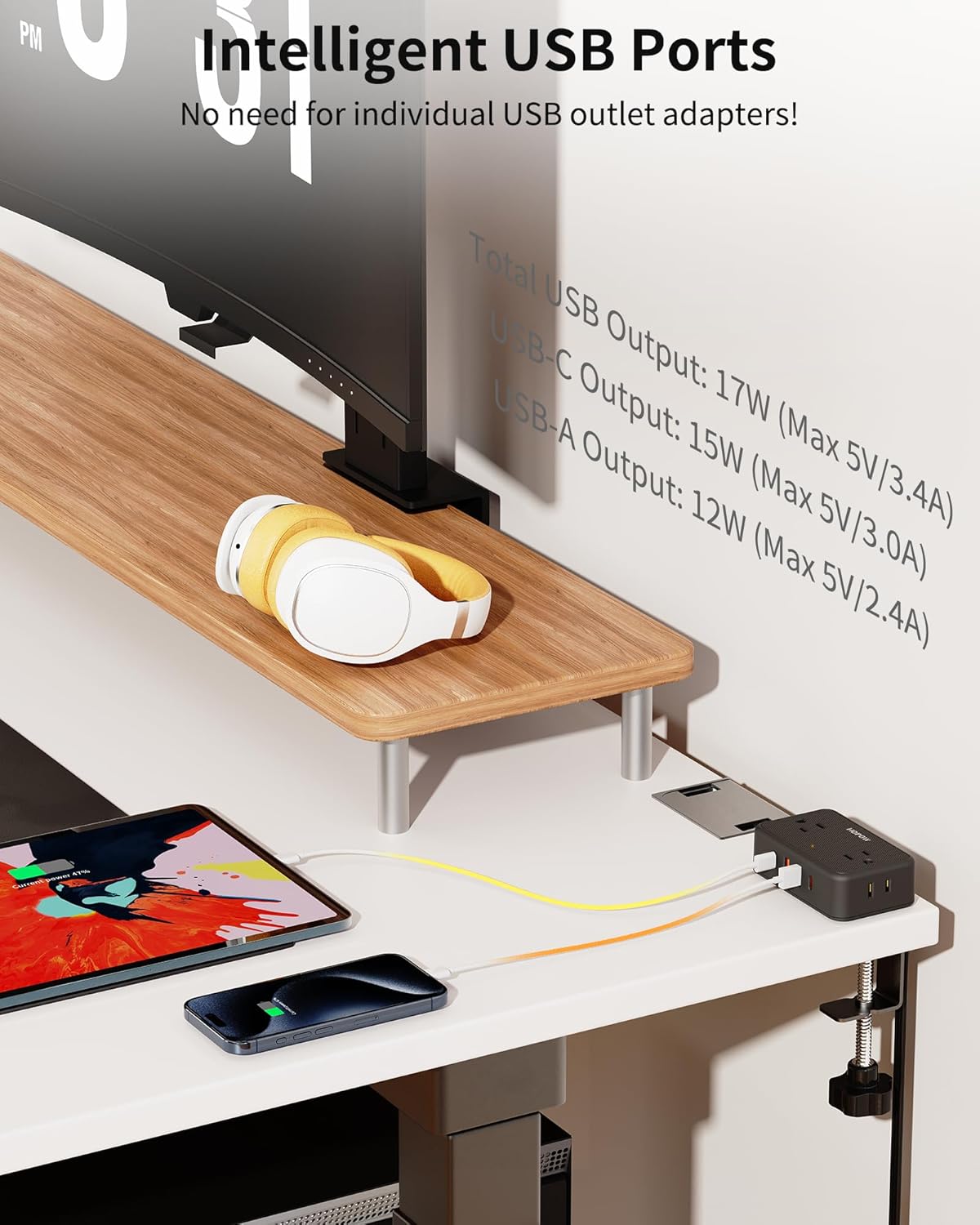 HOPOW 4 4 (2 10Ft 2.75" Desk Clamp Power Strip, Desktop Mount Charging Station with Outlets USB Ports USB C), Under