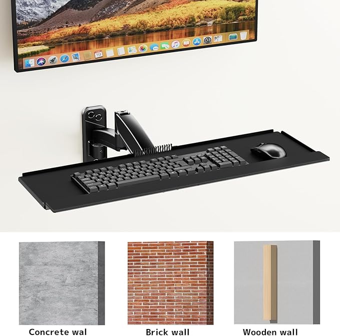 Keyboard Tray Wall Mount,Sit-Stand 26 Inch Keyboard and Mouse Stand,Height Adjustable Typing Platform,360 Degree Rotation, Holds up to 19.8 lbs, Black