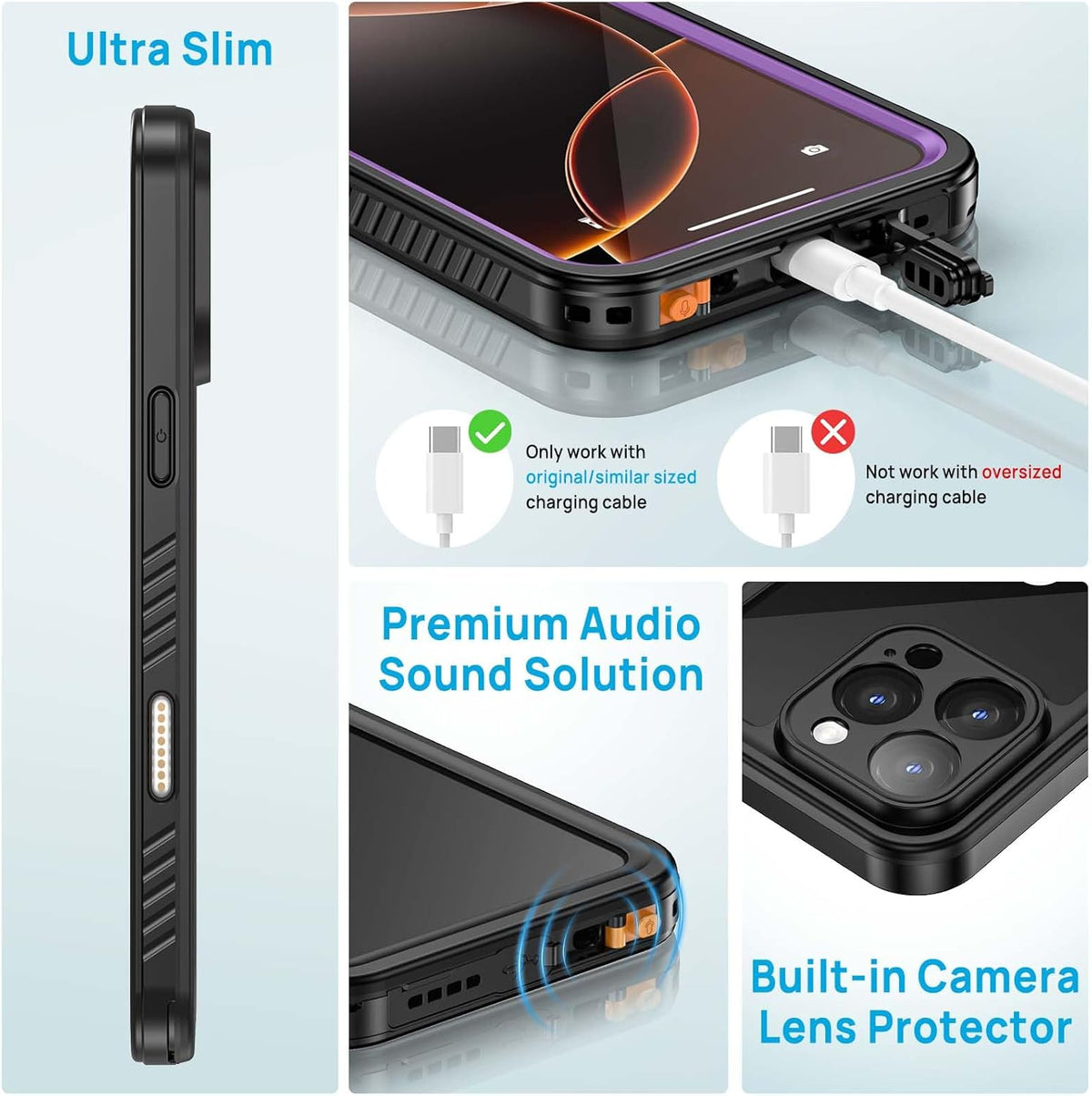 Lanhiem for iPhone 16 Pro Max Case, IP68 Waterproof Dustproof Shockproof Cases with Built-in Screen Protector, Full Body Heavy Duty Rugged Phone Cover for iPhone 16 Pro Max - 6.9 inch (Purple)