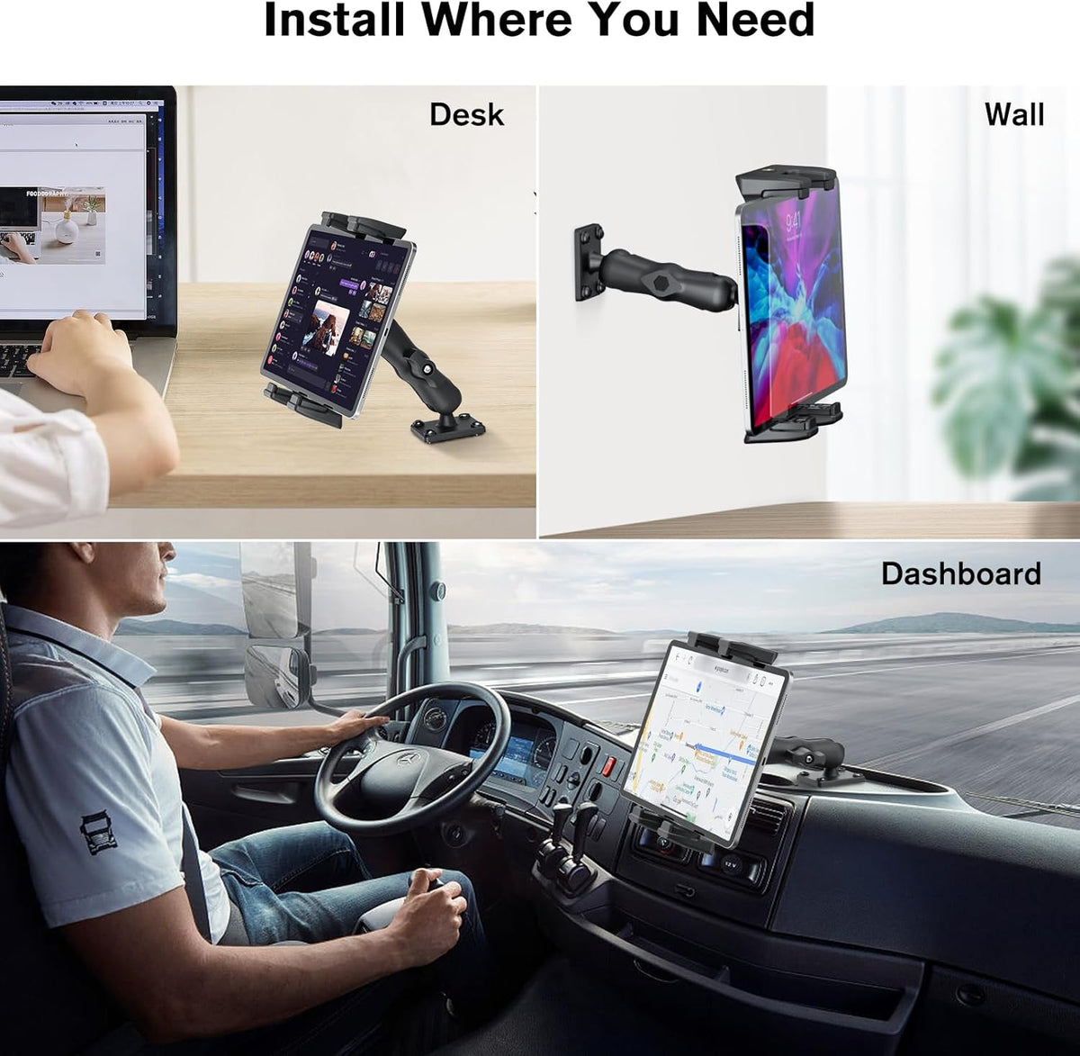 OHLPRO Car Tablet Holder - Heavy Duty Drill Base, Tablet Mount for Truck Compatible with iPad Samsung Tab 5"-13" Tablet and Phone, iPad Stand for Wall/Business/Vehicle/Desktop, etc.