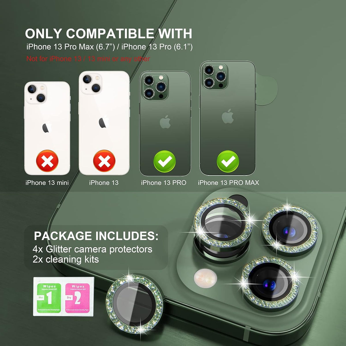 Choiche [3+1 for iPhone 13 Pro/iPhone 13 Pro Max Camera Lens Protector Bling, 9H Tempered Glass Camera Cover Screen Protector Metal Ring Decoration Accessories (Glitter-Alpine Green)