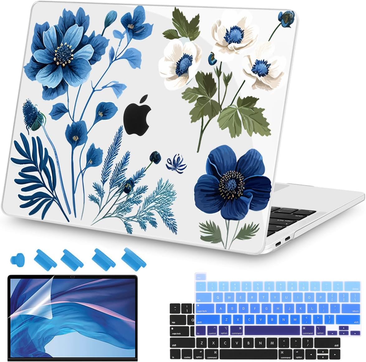 Teryeefi Compatible with M2 M1 MacBook Pro 13 Inch Case A2338 A2289 A2251 A2159 A1989 A1706 A1708 (2024 20203 2022-2016), Hard Shell Case & Keyboard Cover for Mac Pro 13" - Blue Plant Flower