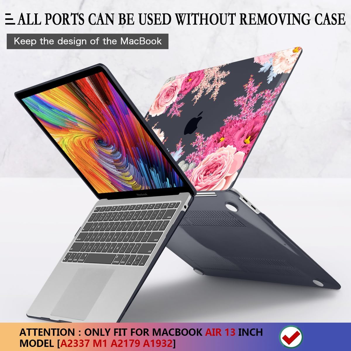CISSOOK Floral Case Cover for MacBook Air 13 Inch 2020 2021 2019 2018 Release A2337 M1 A1932 A2179, Plastic Hard Shell Case with Keyboard Cover for MacBook Air 13" with Touch ID, Gorgeous Flowers