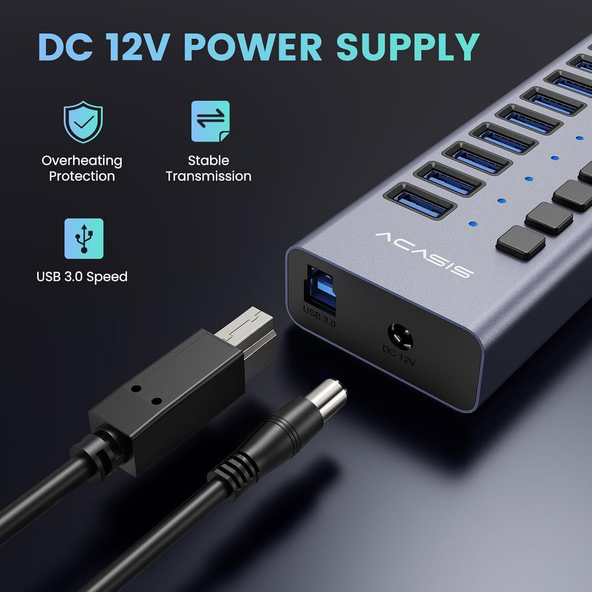 90W Powered USB Hub - ACASIS 16 Ports USB 3.0 Data Port, Aluminum Housing, Individual On/Off Switches, 12V/7.5A Power Adapter, USB Splitter for Laptop, PC, Computer, Printer