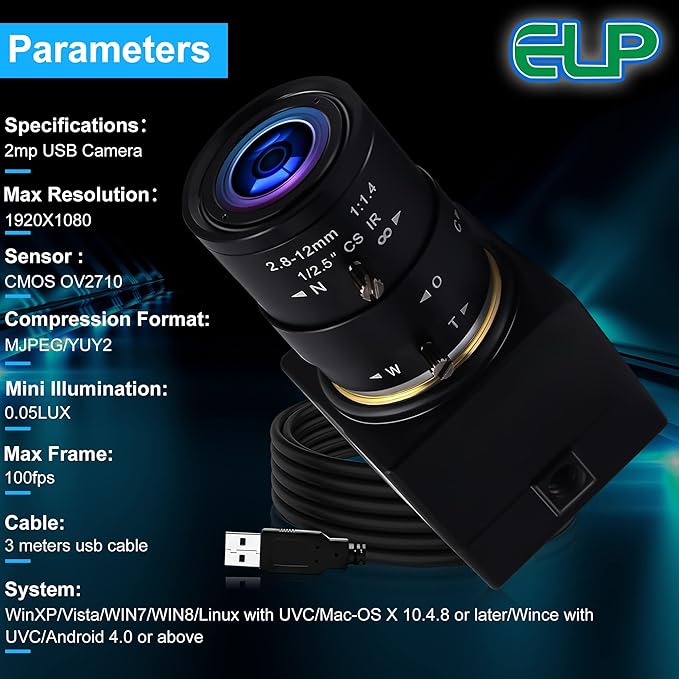 1080P USB Camera with Zoom 2.8-12mm Webcam Variable Focus PC Camera High Speed Mini UVC USB2.0 USB with Camera for Computer Industrial Video Close-up Camera 100fps 60fps Varifocal Lens Web Camera