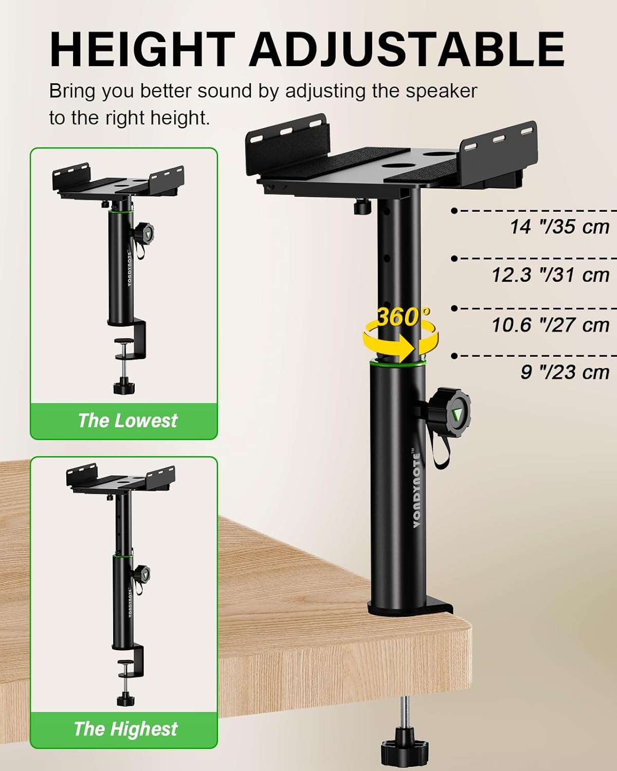 Set of 2 Dual Side Clamping Studio Monitor Stands Desktop Clamp Speaker Stands Height Adjustable Against The Wall Extendable Top Plate Mounted by Screws