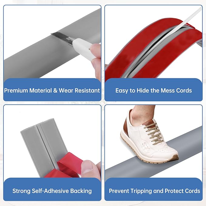 Floor Cord Cover Self Adhesive Cord Hider Floor Extension Cord Covers for Floor Power Cord Protector Cable Management Prevent Cable Trips Cable Cavity 0.59" W x 0.31" H (Grey, 3.3Ft)