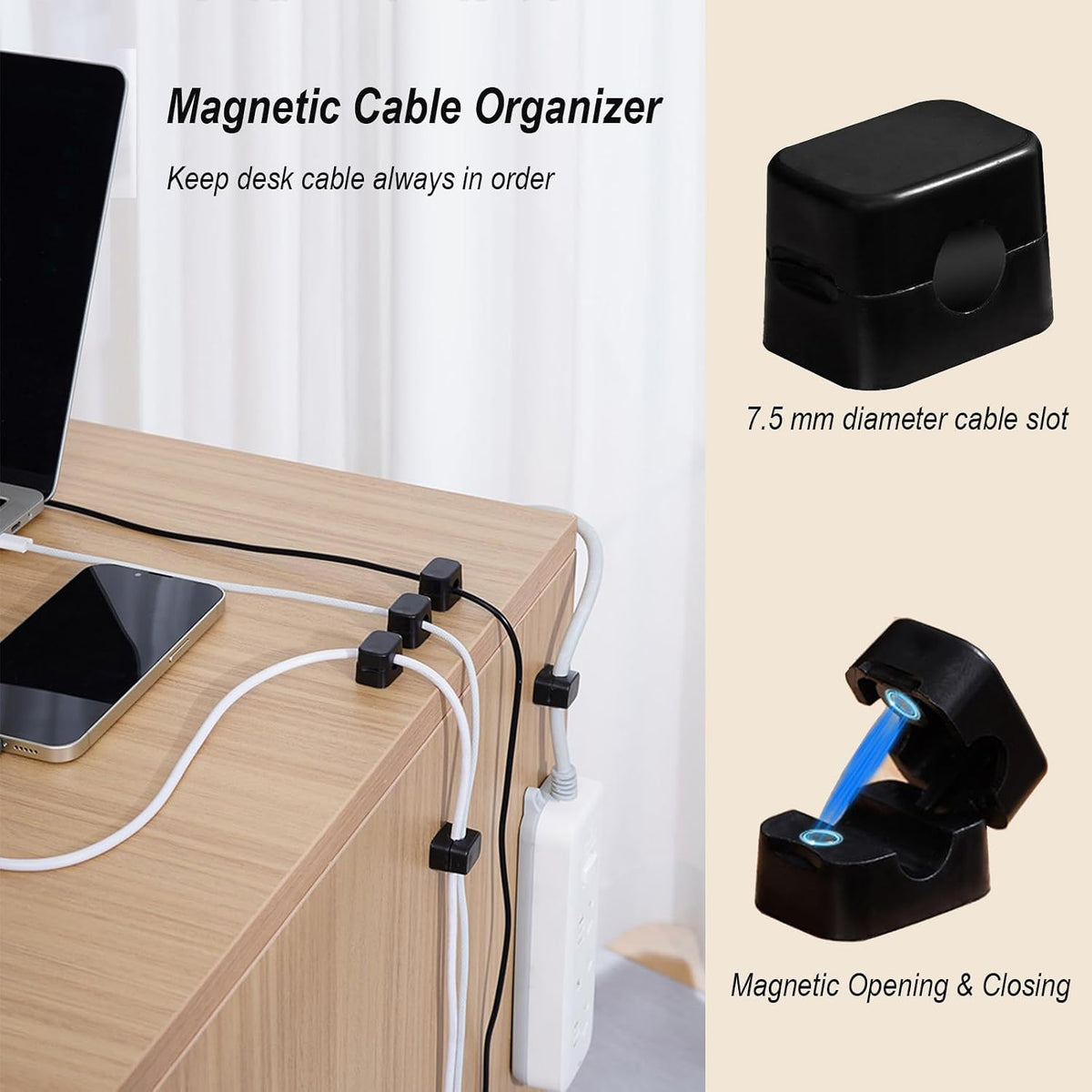 Greygel 10Pack 2025 [1s -5white 5Black Upgraded Cord Organizer Magnetic Cable Clips Lock] Cord Holder, Adhesive Wire