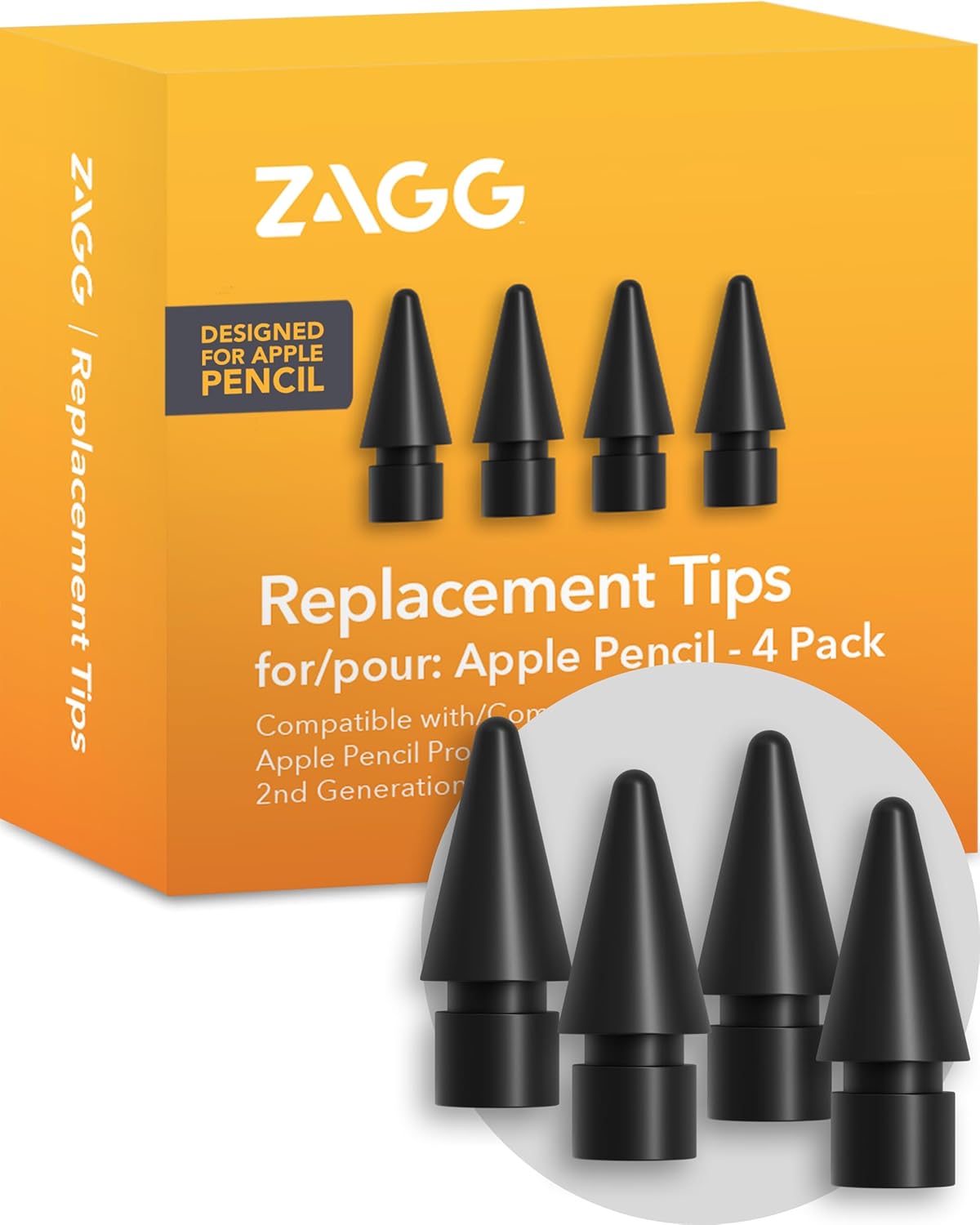 ZAGG Replacement Tips for Apple Pencil 1st Gen, 2nd Gen, & USB-C - Pack of 4, Smooth Writing, Perfect Friction, Black