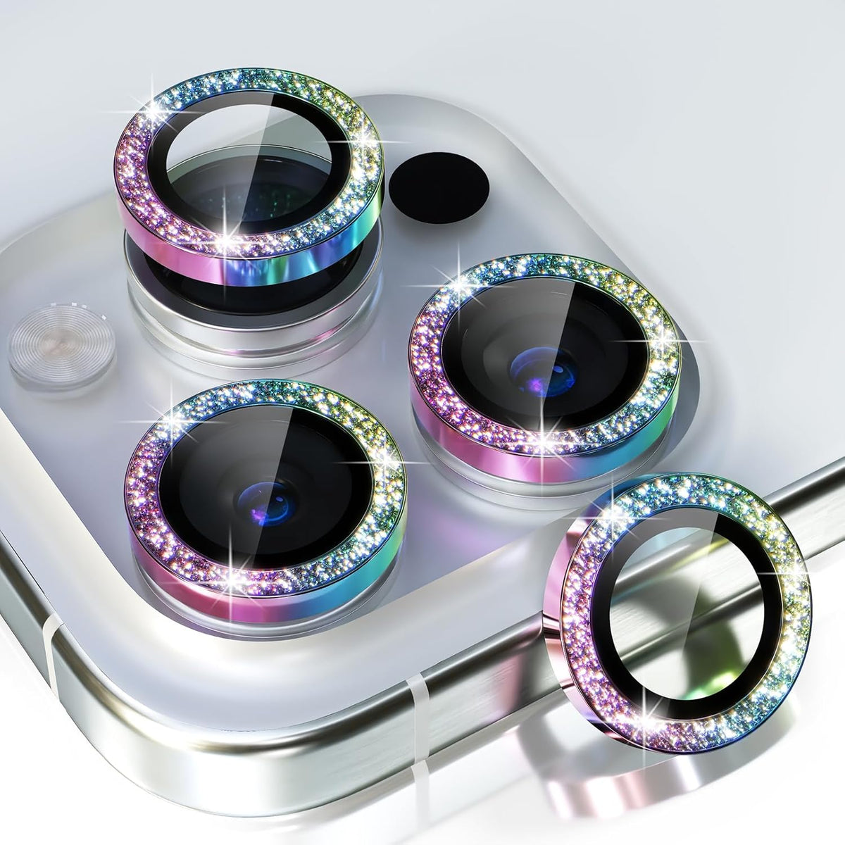 Choiche Compatible for iPhone 15 Pro/iPhone 15 Pro Max Camera Lens Protector Bling, 9H Tempered Glass Camera Cover Screen Protector Metal Ring Decoration Accessories (Glitter-Colorful)