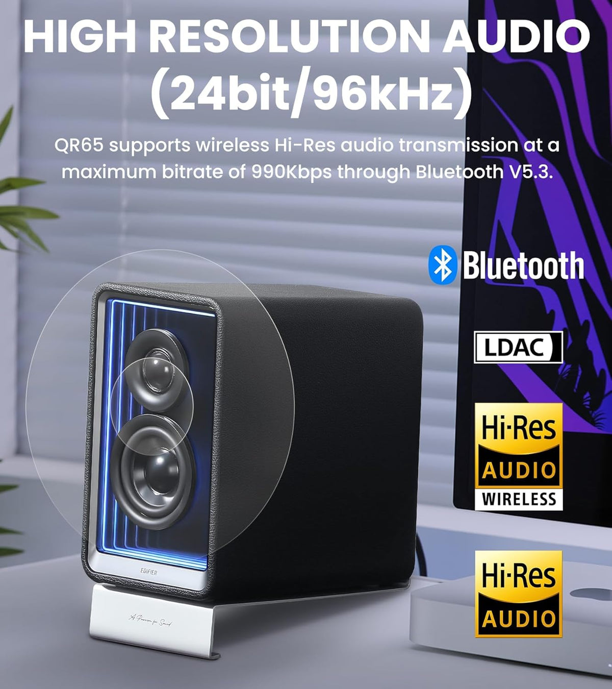 Edifier QR65 Desktop Active Monitor with 2.75" Long-Throw Aluminum Diaphragm mid-Low Drivers, Hi-Res Audio, Brilliant Light Effects, 70W Output Power Bluetooth Speakers with Stands - Black