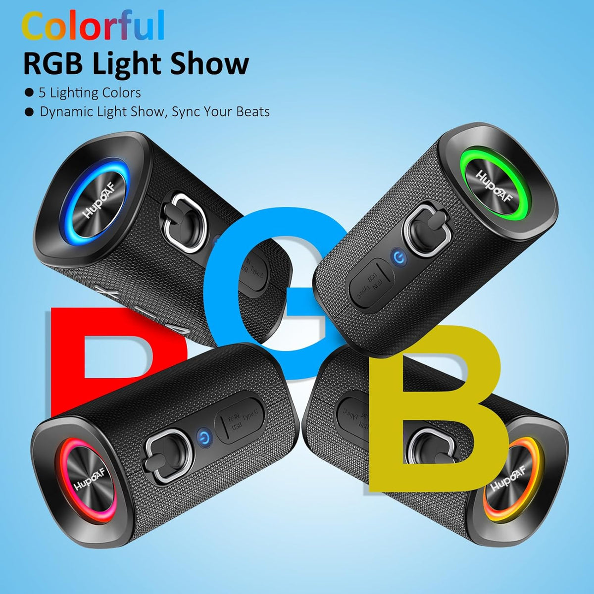 Hupoaf 2026 BT5.4 20W 3D-Stereo IP-X7 Bluetooth Speaker, Wireless Bluetooth Speaker with Deep Bass, HD Call, Colorful