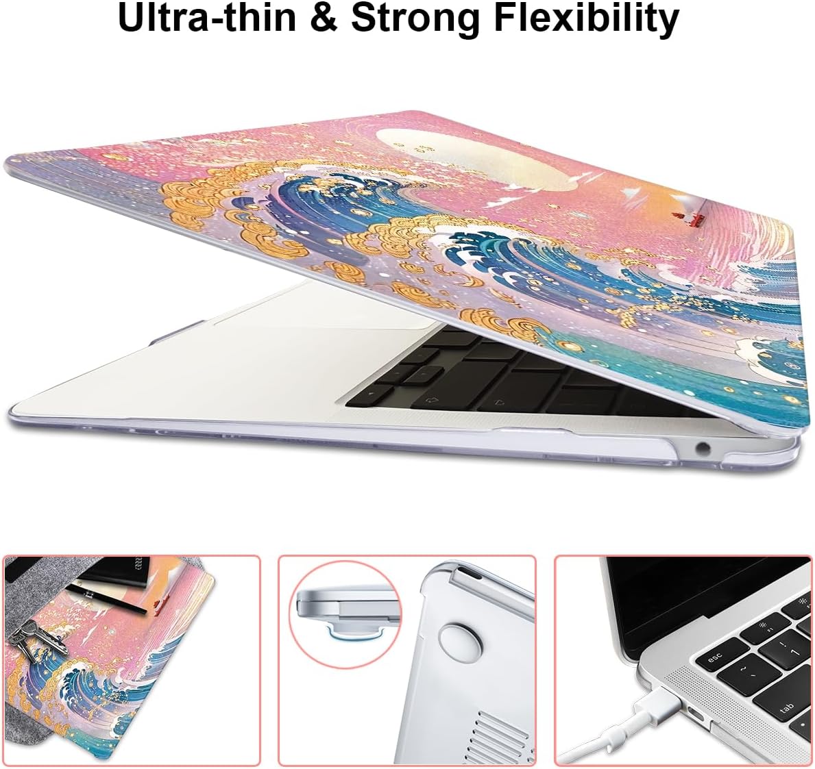 Compatible with 2018 2019 2020 2021 MacBook Air 13 inch Case M1 A2337 A2179 A1932, Clear Printed Pattern Hard Shell Case & Keyboard Cover for Mac Air 13 M1 Touch ID, Sunset Glow Waves
