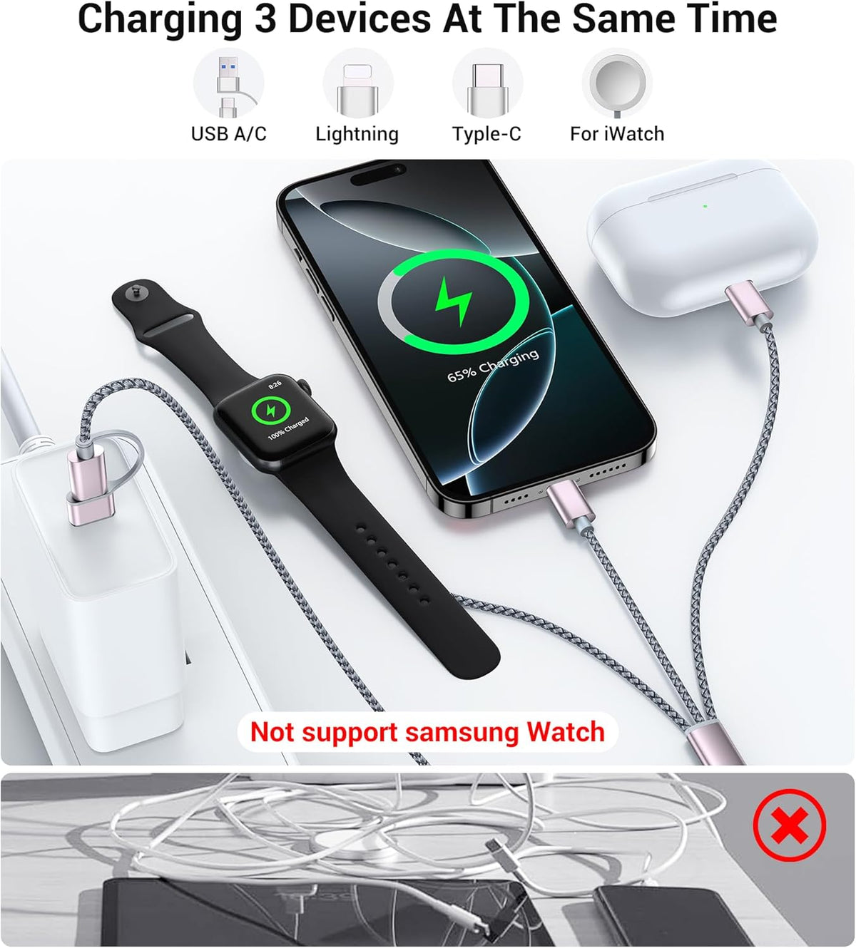 Temdan for Travel Vacation Essentials,3 in 2 USB C Cable for Apple Watch Charger/iPhone 16 Charger/Lightning,Multi Charging Cable Cord,Camping Essentials,Portable Designed for iWatch &iPhone 16-12-5FT