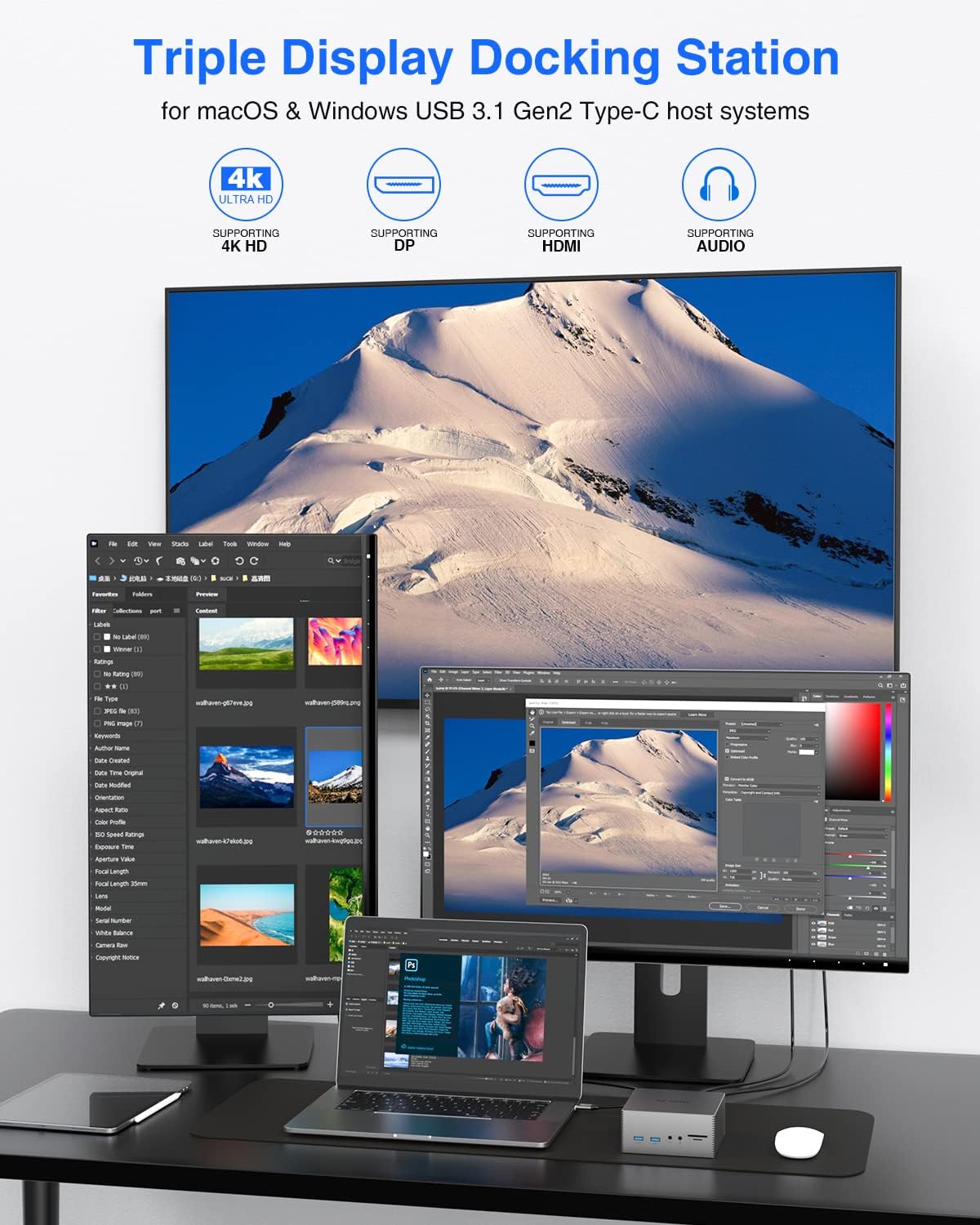 TOTU Upgraded Universal USB-C 4K Triple Display Docking Station with Charging Support for MacBook Pro & Windows Type C Systems (2 4K DP, HDMI, 6 USB Ports, 60W USB PD),Extended Display for macOS