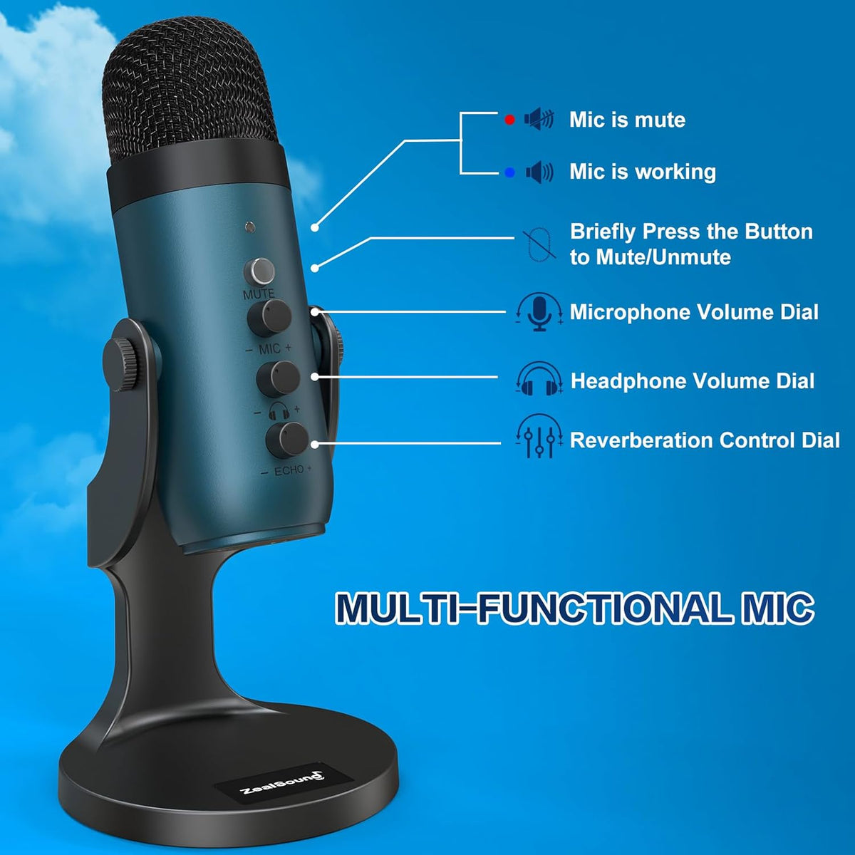 ZealSound USB Condenser Microphone,Computer PC Gaming Mic,Plug&Play Microphones for PS 4&5.Monitor Adjust&Volume Control,Mic Gain Control,Mute Button for TikTok,YouTube Podcast on Mac&Windows(Teal)