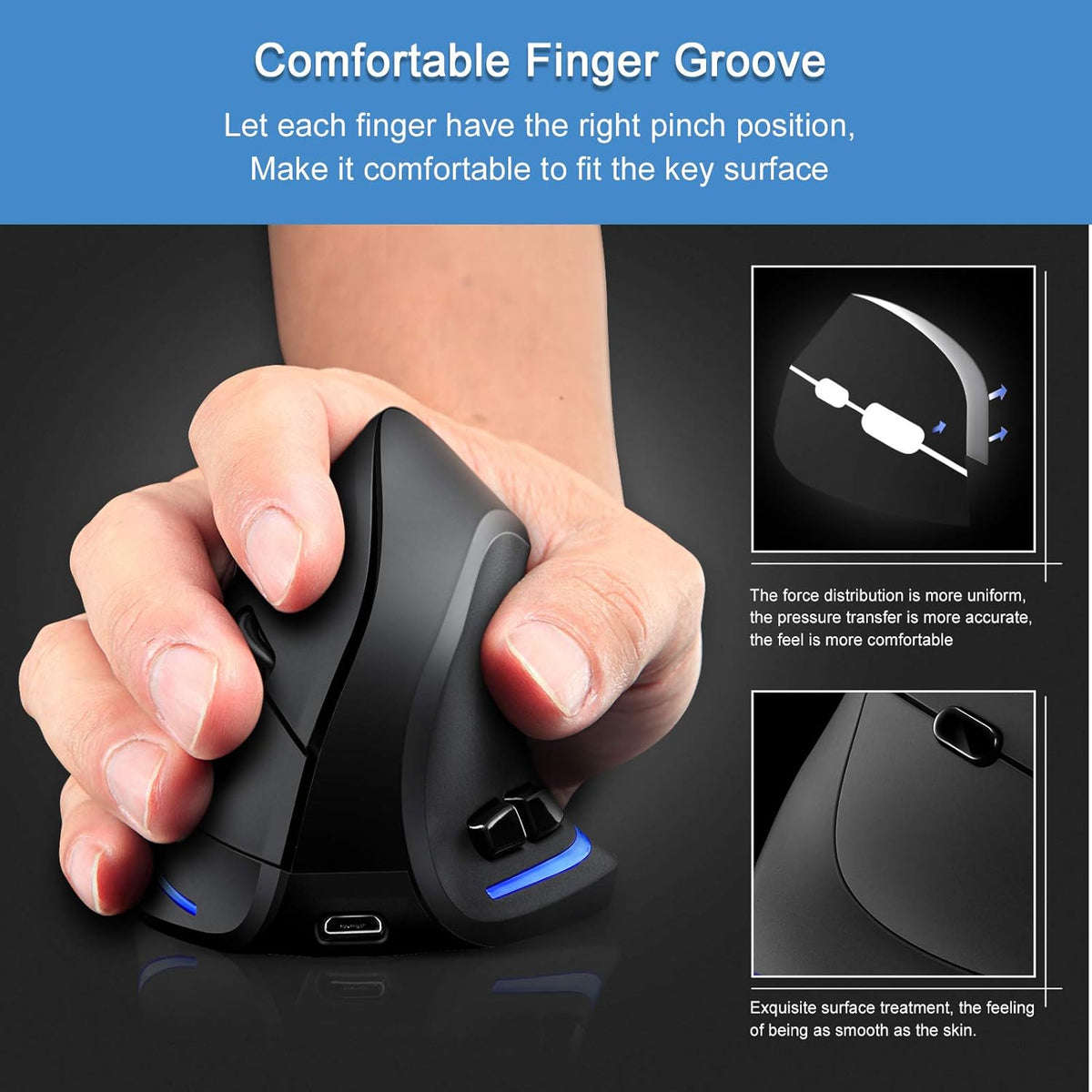 TRELC Ergonomic Mouse, 2.4G Wireless Vertical Optical Mouse with Adjustable Sensitivity (1000/1600/2400 DPI), 6 Buttons for PC, Desktop, Laptop, Notebook (Black)