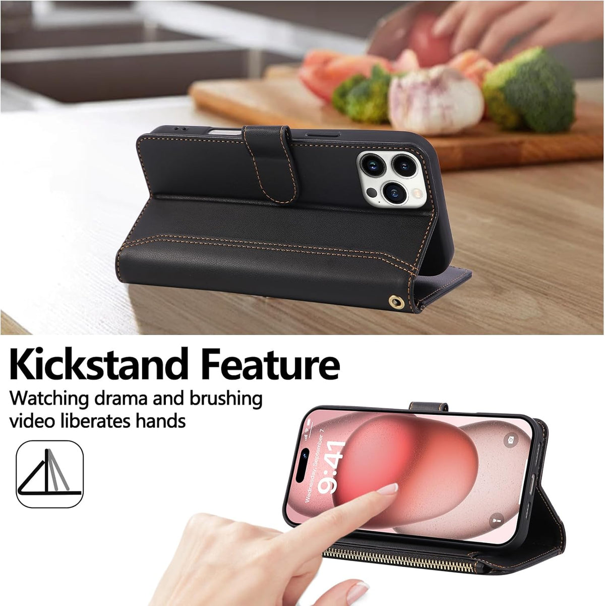 Compatible with iPhone 14 Pro Max Wallet Phone Case-PU Leather Magnetic Flip Cover with Credit Card Slots,Zipper Pocket & Detachable Wrist Strap,Shockproof Design,for Women and Men-Black
