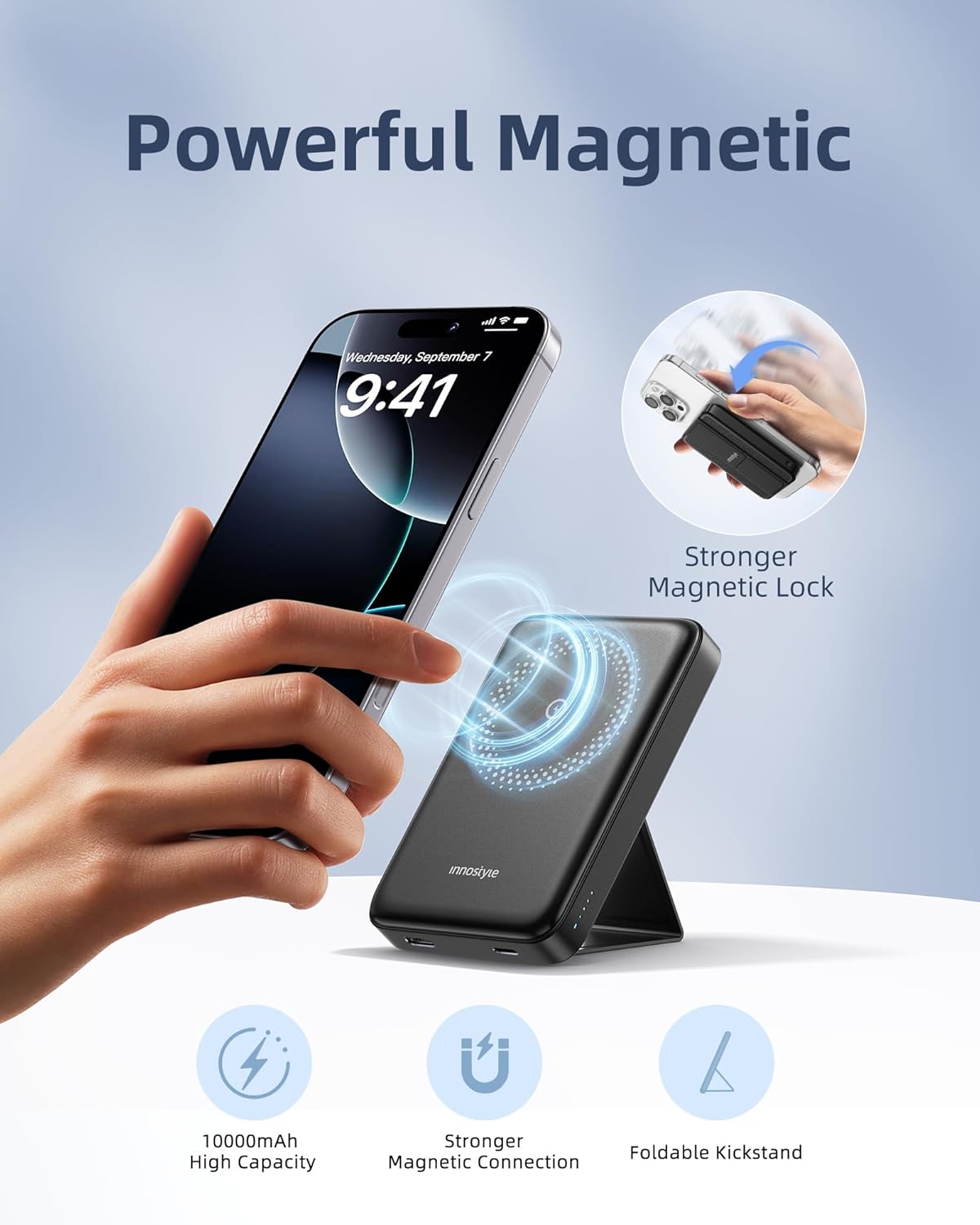Magnetic Power Bank 3-in-1: 10000mAh MagSafe Wireless Charger with Stand, 20W Fast Charging for iPhone 16/15/14/13, Portable Battery for AirPods, Samsung Galaxy (Foldable & Slim) | Black