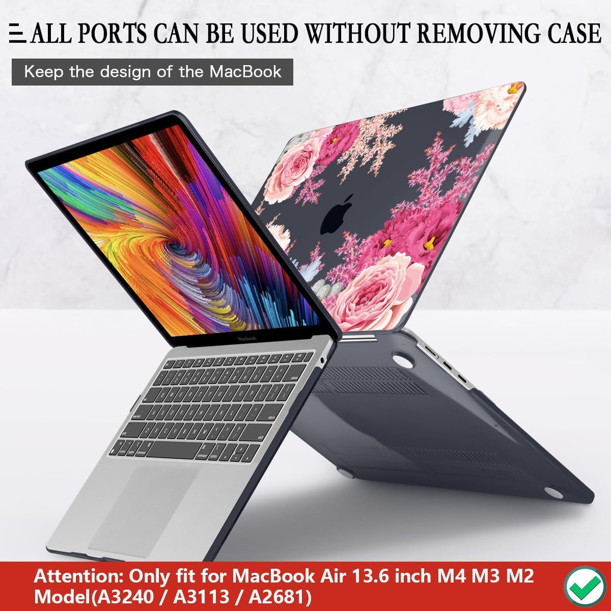 CISSOOK Laptop Cover, Hard Shell Case with Keyboard Cover for MacBook Air 13.6 inch M3 A3113 & M2 A2681, Gorgeous Flowers
