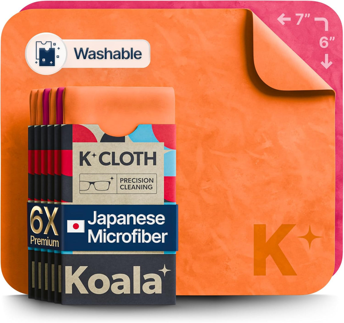 Koala Lens Cleaning Cloth | Japanese Microfiber | Glasses Cleaning Cloths | Eyeglass Lens Cleaner | Eyeglasses, Camera, VR/AR Headset, and Screen Cleaner | Pink & Orange (Pack of 6)
