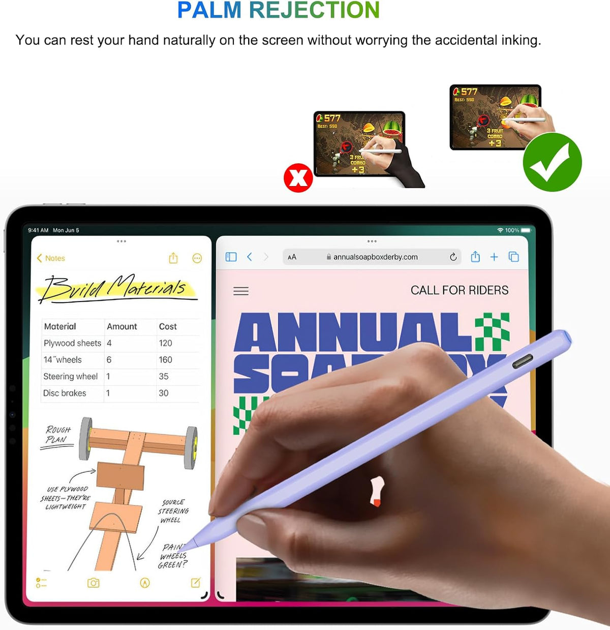Pencil 2nd Generation Wireless Charging, HATOKU Pencil for iPad with Tilt & Palm Rejection, Magnetic Stylus Pen for ipad Air M3/3/4/5, iPad mini 5/6, ipad 6/7/8/9/10/11 Gen, ipad Pro 11/12.9 (Purple)