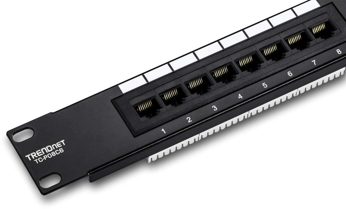 TRENDnet 8-Port Cat6 Unshielded Patch Panel, TC-P08C6, Rackmount, 10 Inch Wide, 8 x Gigabit RJ-45 Ethernet Ports, Pre-Numbered Ports, 250 Mhz