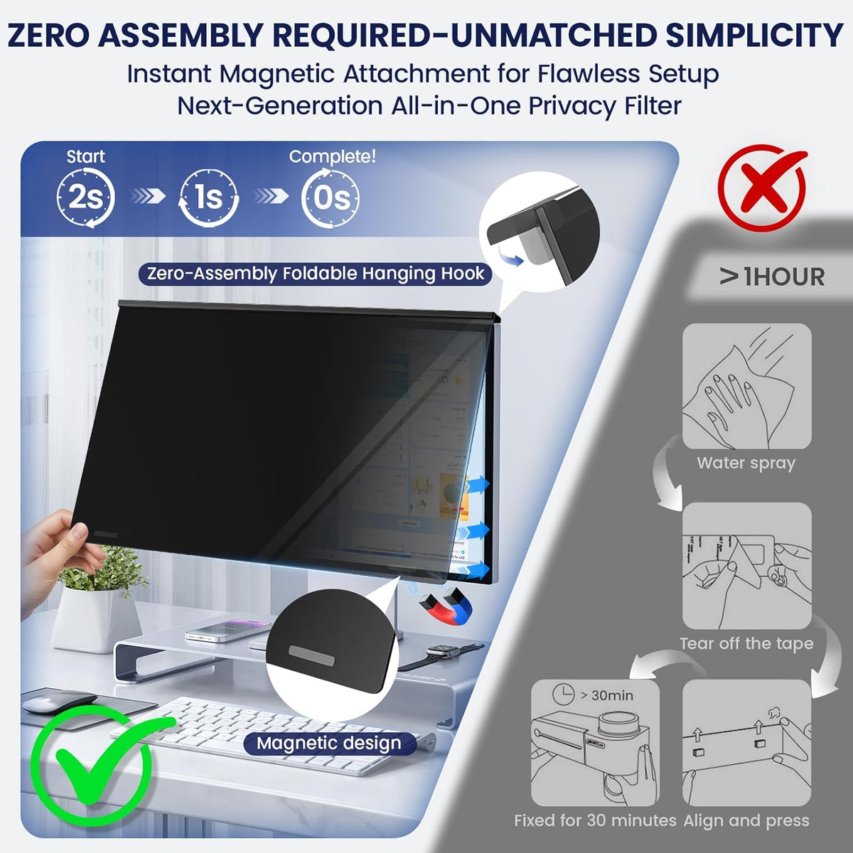 Magnetic Privacy Screen for Frameless Computer Monitor 27 Inch 16:9 Aspect Ratio,Hanging Blue Light Screen Protector Eye Protection Anti-Spy Shield, 27in Removable Privacy Filter