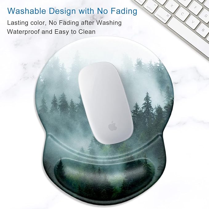 ITNRSIIET Ergonomic Mouse Pad with Gel Wrist Support Small Wrist Rest Smooth Surface Non-Slip PU Base Comfortable Office Supplies Pain Relief, 8.7 x 7.2 inches, Fog Forest