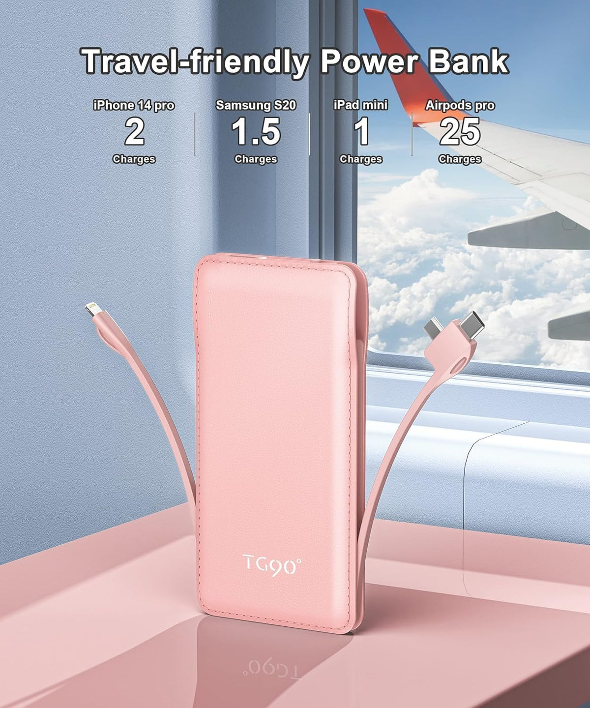 TG90° 10000mah Portable Charger Power Bank with Built-in Cables,Travel Essentials Battery Pack with Cords Portable Phone Charger Compatible with iPhone and Android Smart Devices