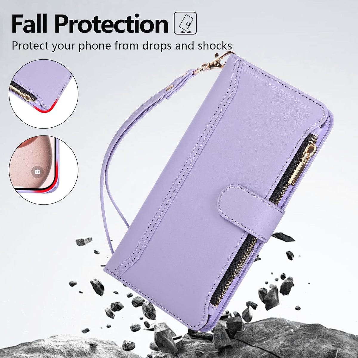 Compatible with iPhone 15 Wallet Phone Case-PU Leather Magnetic Flip Cover with Credit Card Slots,Zipper Pocket & Detachable Wrist Strap,Shockproof Design,for Women and Men-Purple
