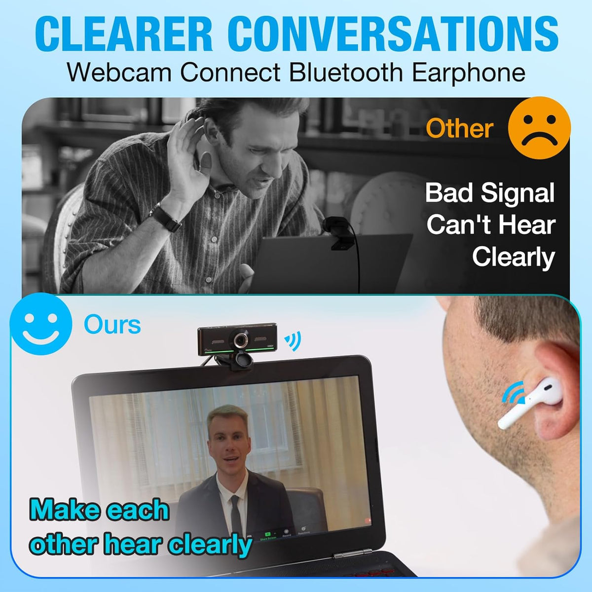 1080P Webcam with Microphone for Desktop, Computer Webcam Connect Bluetooth Headset/Earphone/Speaker, Streaming Webcams for Live Skype Teams, PC Web Camera for Streaming,Bluetooth only for Audio